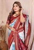 White and Sky Blue Ikat Silk Saree with Rich Red Contrast Border Traditional Saree