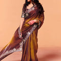 Chocolate Brown Designer Embroidered Silk Saree Zari Border Blouse Piece