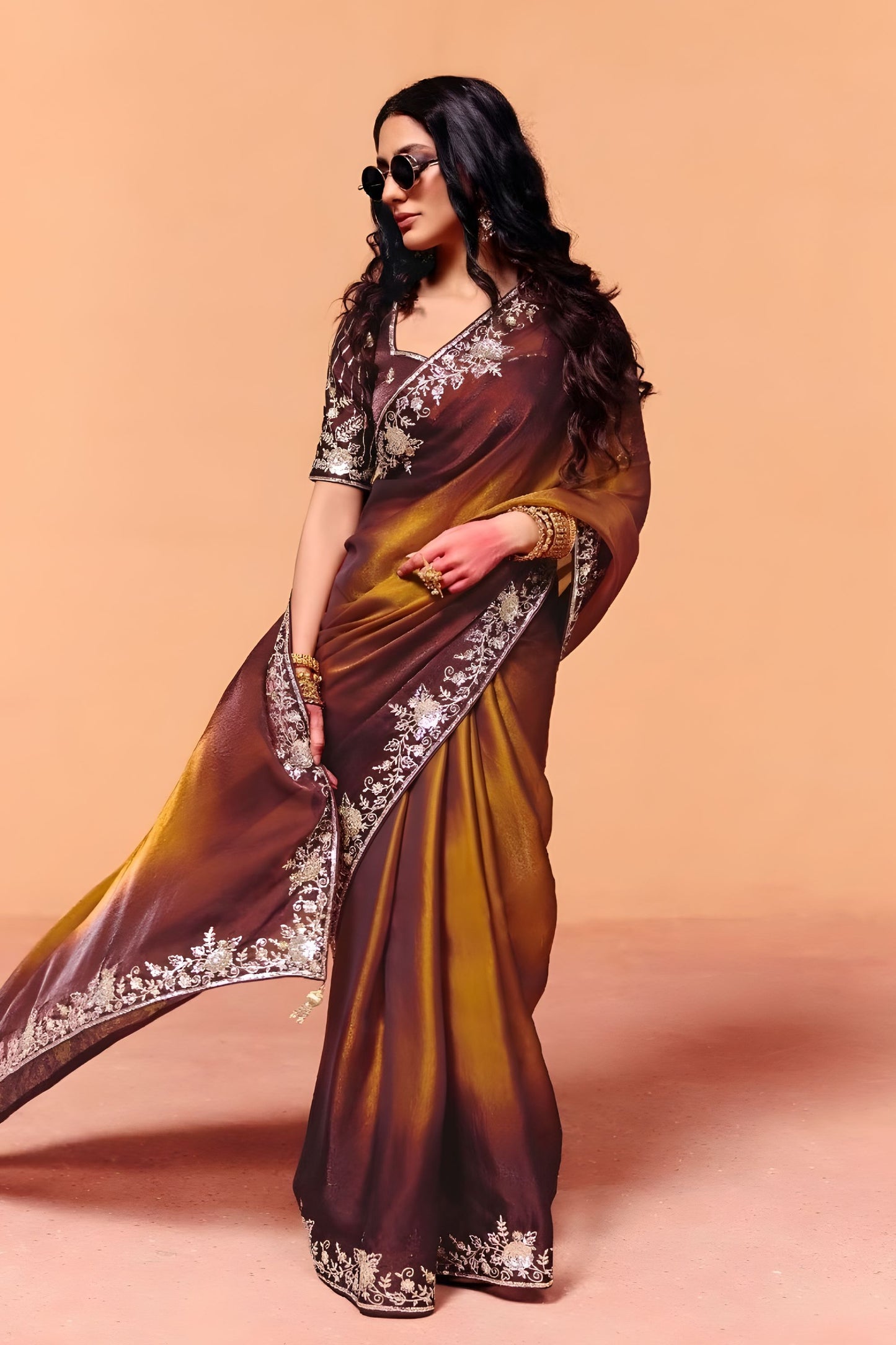Chocolate Brown Designer Embroidered Silk Saree Zari Border Blouse Piece