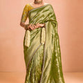 Olive Green Soft Silk Saree with Zari Weaving Designer Blouse