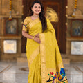 Mustard Yellow Cotton Silk Saree Golden Border Peacock Floral Designer Pallu
