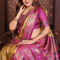 Designer Banarasi Silk Saree in Gold with Rich Pink Meenakari Work Festive Saree