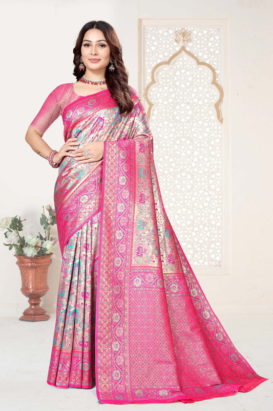 Rani Pink and Beige Banarasi Silk Saree with Rich Zari Woven Design