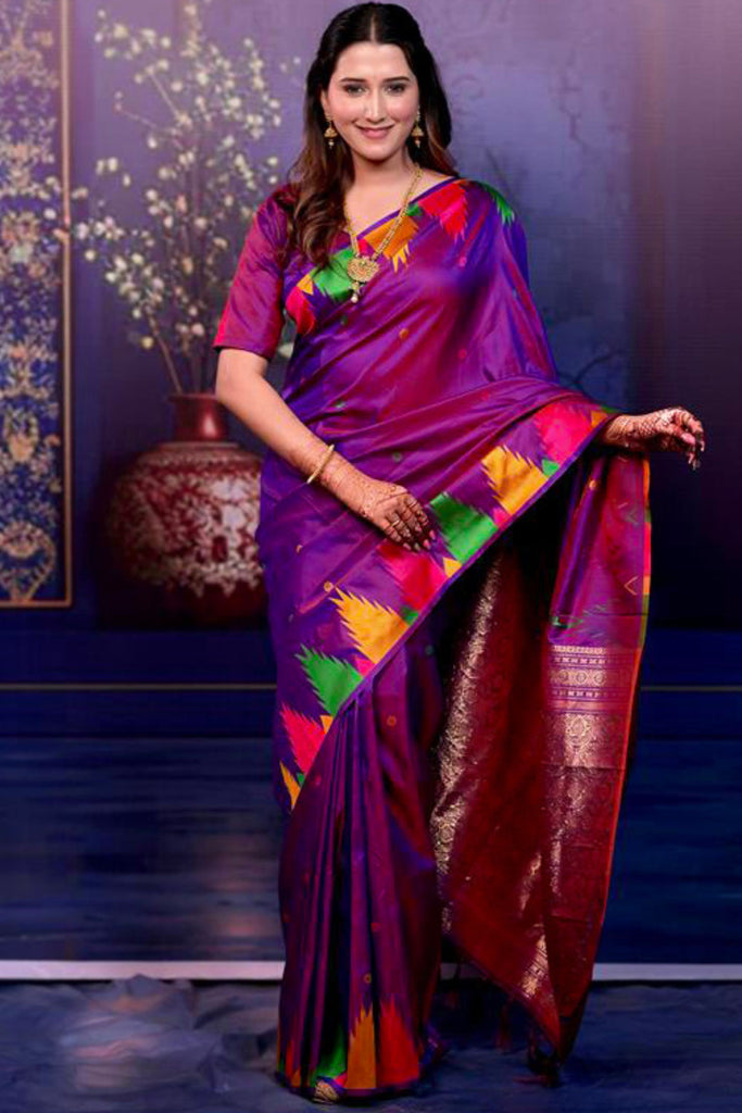 Royal Magenta Purple Soft Silk Saree Multicolor Temple Border Rich Zari Pallu