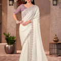 Cream Georgette Saree Embroidered Lace Border Lavender Blouse