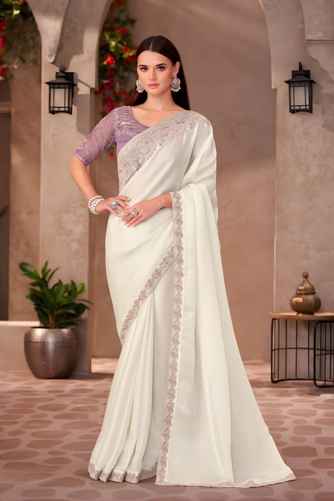 Cream Georgette Saree Embroidered Lace Border Lavender Blouse