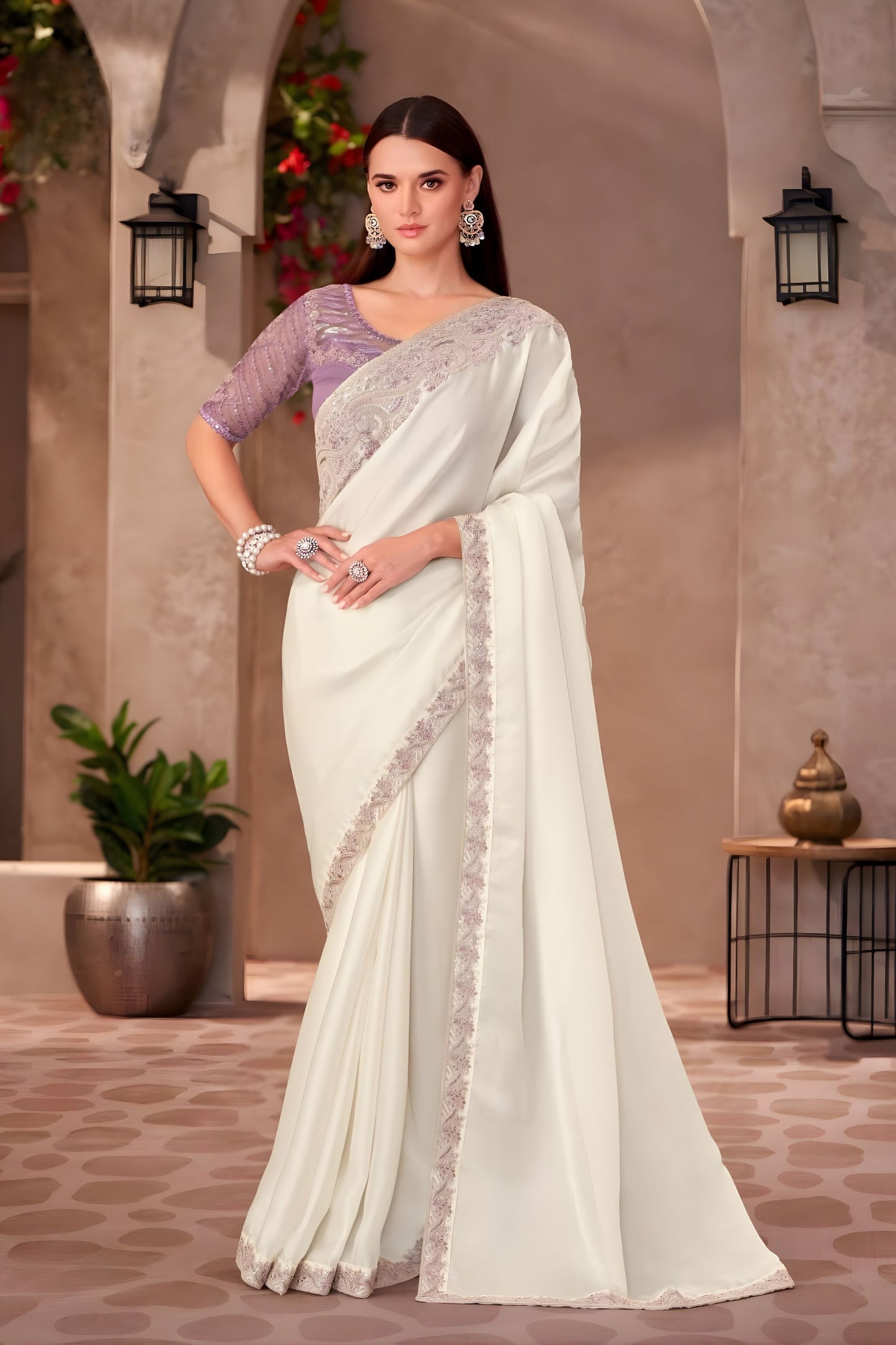Cream Georgette Saree Embroidered Lace Border Lavender Blouse