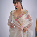 Off White Organza Saree with Floral Embroidery Border