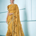 Mustard Yellow Printed Georgette Saree with Golden Border 