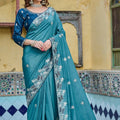 Teal Blue Silk Saree with Floral Embroidery Designer Blouse