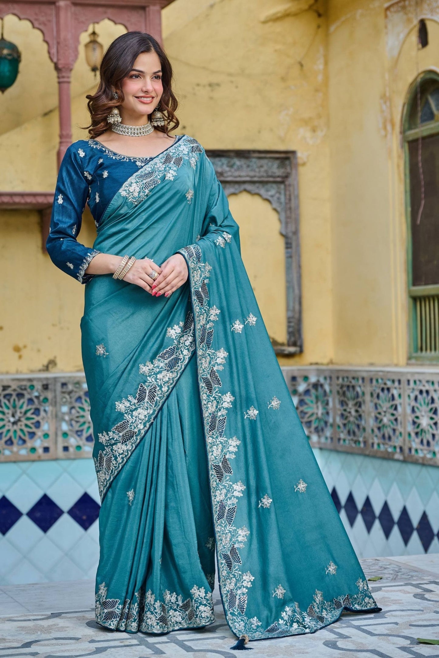 Teal Blue Silk Saree with Floral Embroidery Designer Blouse