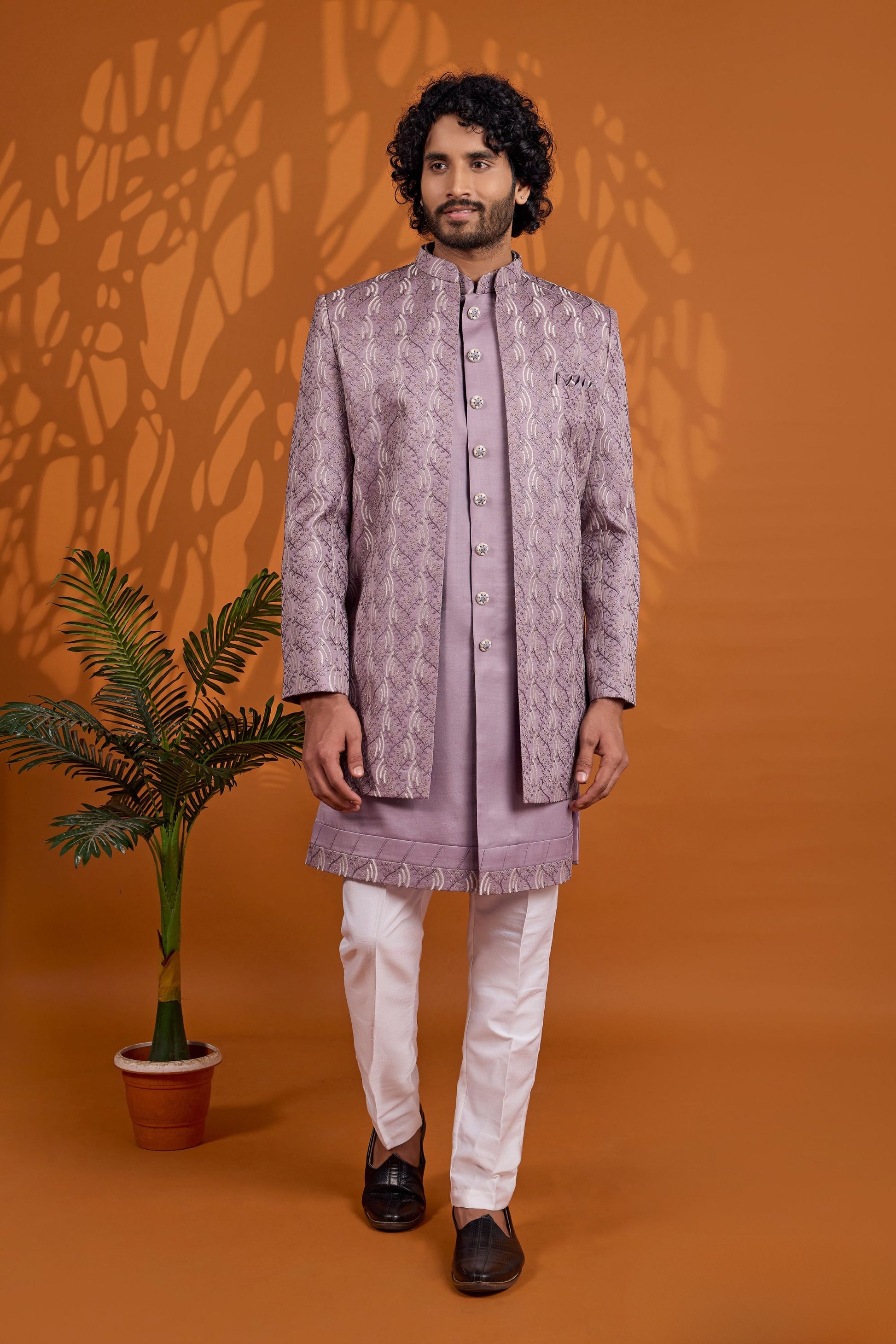 Outstanding Lavender Indo Western Sherwani for Men With Designer Jacquard Jacket