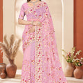Designer Pink Net Floral Embroidered Saree Heavy Border Blouse