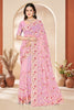 Designer Pink Net Floral Embroidered Saree Heavy Border Blouse