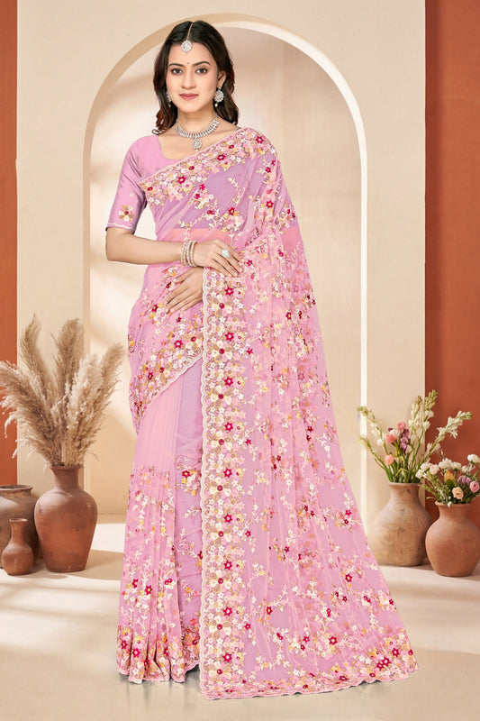 Designer Pink Net Floral Embroidered Saree Heavy Border Blouse