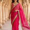 Rani Pink Organza Saree Golden Embroidered Border Designer Blouse