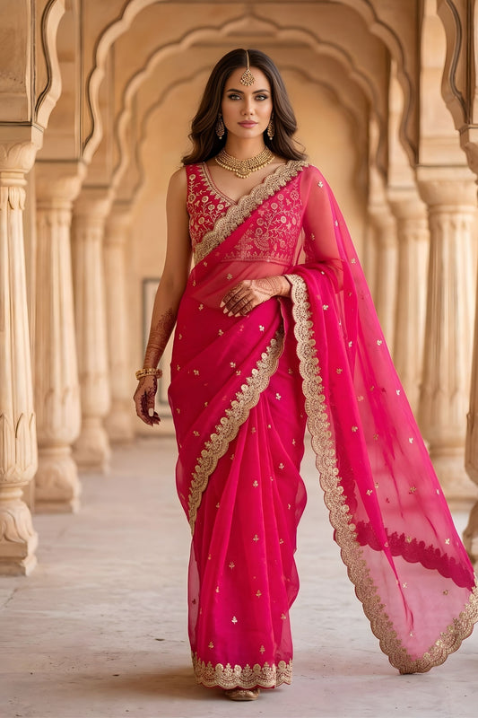 Rani Pink Organza Saree Golden Embroidered Border Designer Blouse