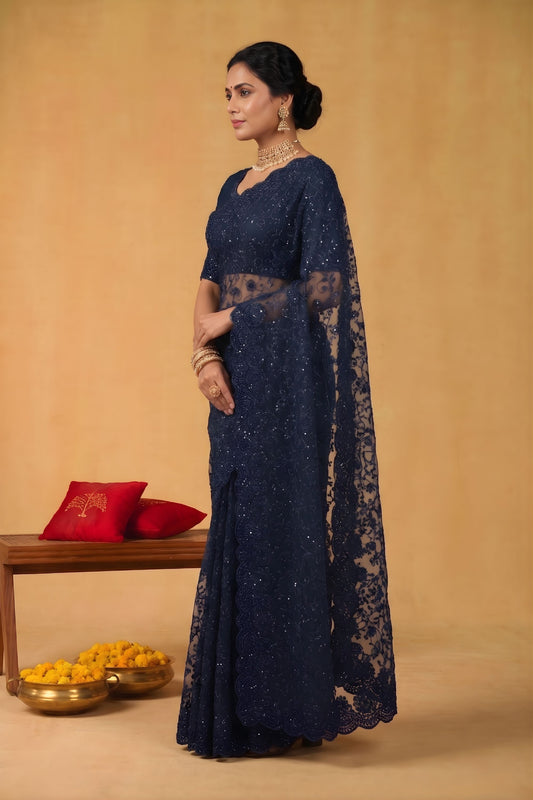 Navy Blue Net Saree Heavy Sequins Embroidery Designer Border