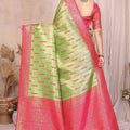 Green Pink Banarasi Silk Saree with Rich Zari Weaving and Contrasting Pallu