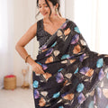Black Floral Digital Printed Linen Saree with Designer Lace Border