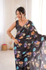 Black Floral Digital Printed Linen Saree with Designer Lace Border