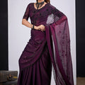 Wine Purple Organza Saree Black Floral Embroidery Designer Saree