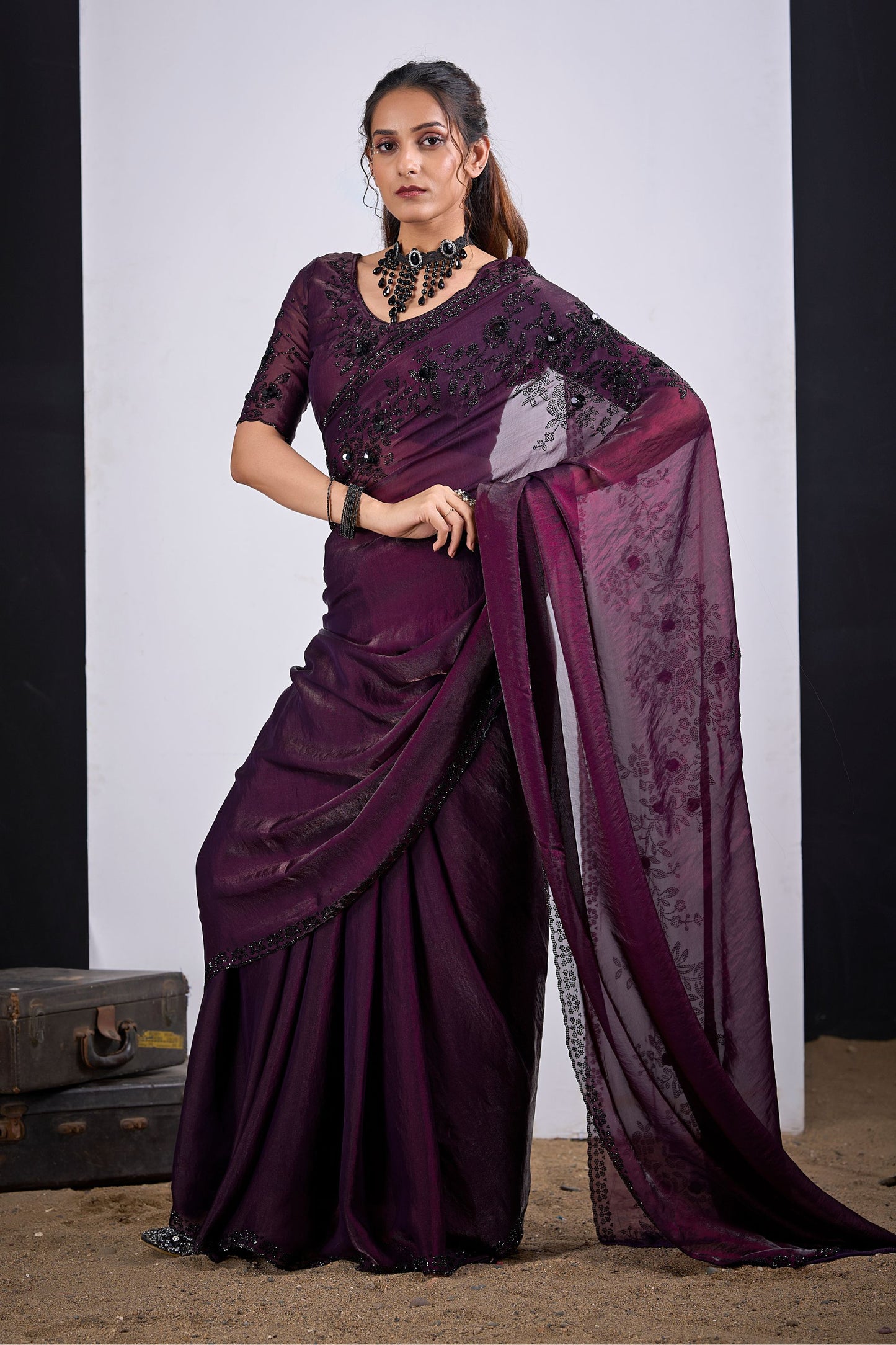 Wine Purple Organza Saree Black Floral Embroidery Designer Saree