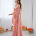 Premium Peach Organza Saree with Elegant White Floral Embroidery Party Wear