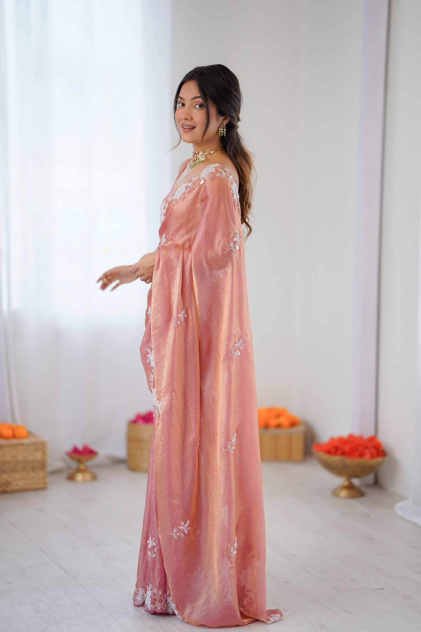 Premium Peach Organza Saree with Elegant White Floral Embroidery Party Wear
