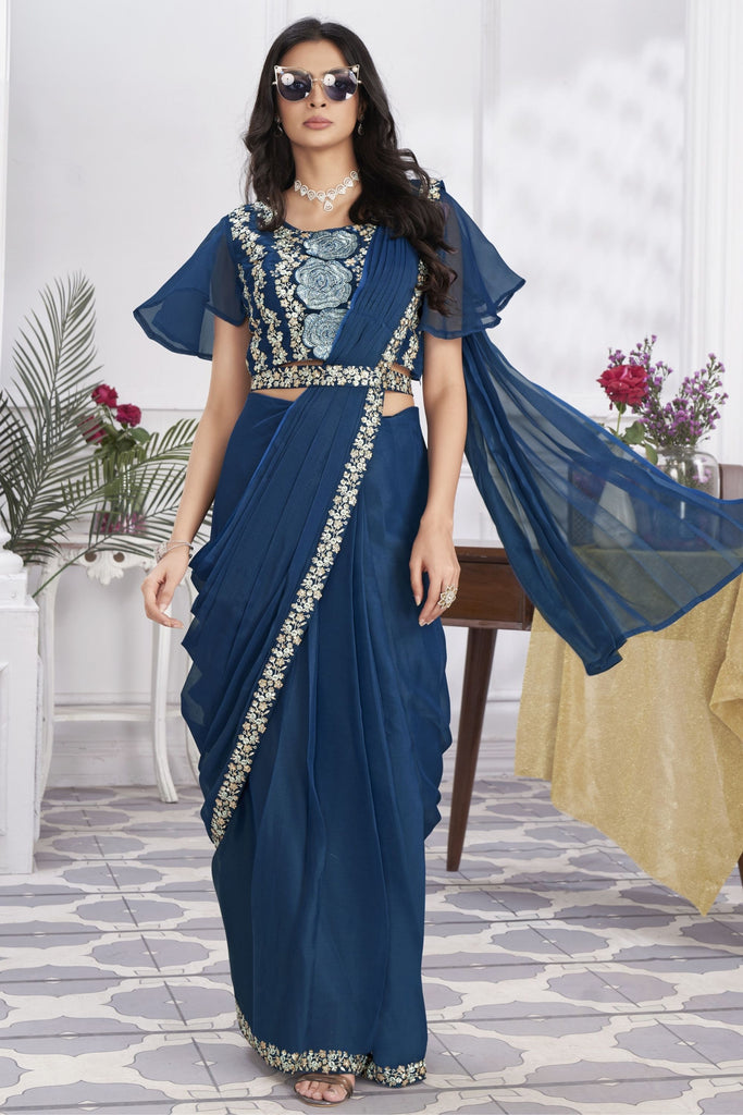 Royal Blue Designer Saree with Floral Embroidered Blouse