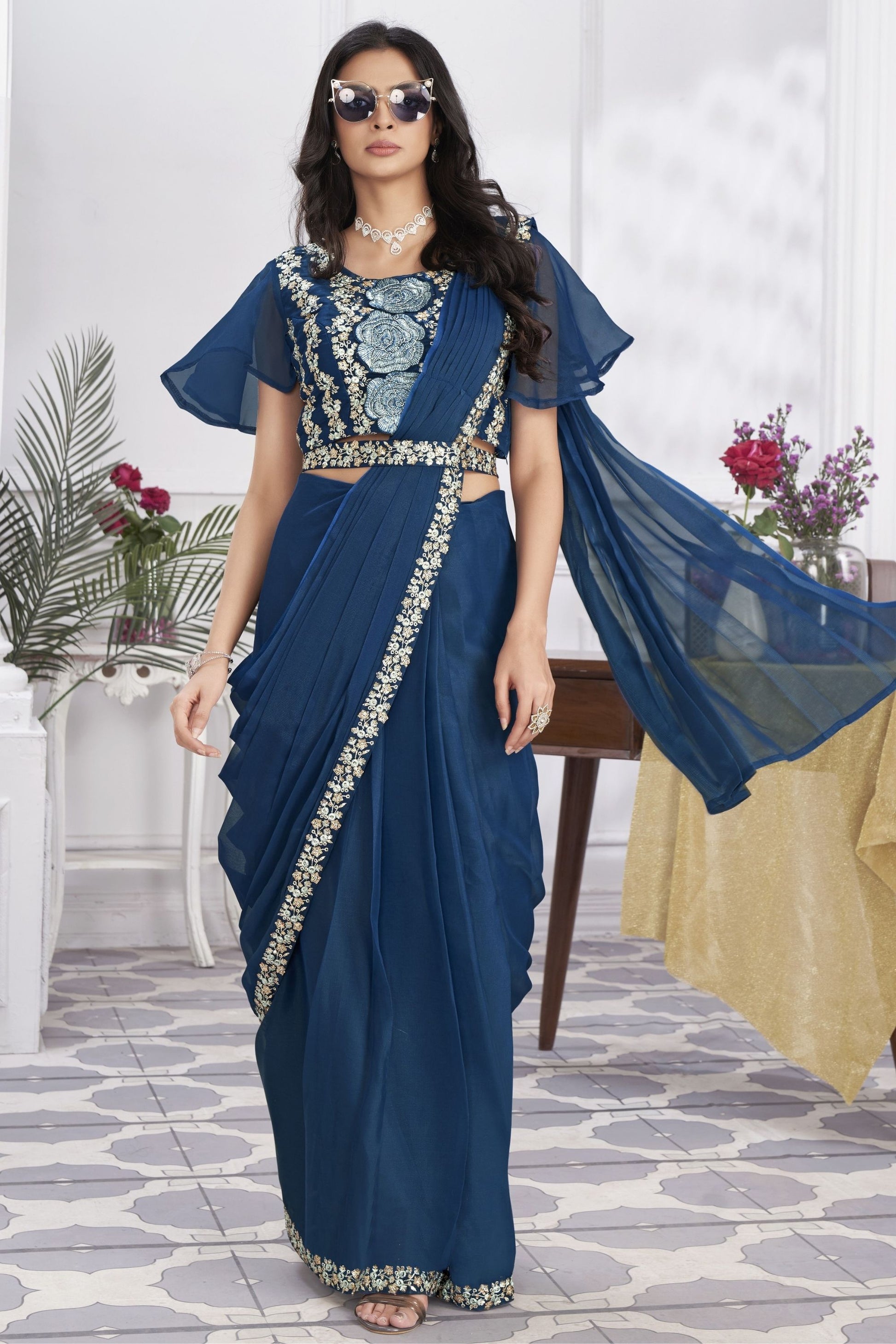 Royal Blue Designer Saree with Floral Embroidered Blouse