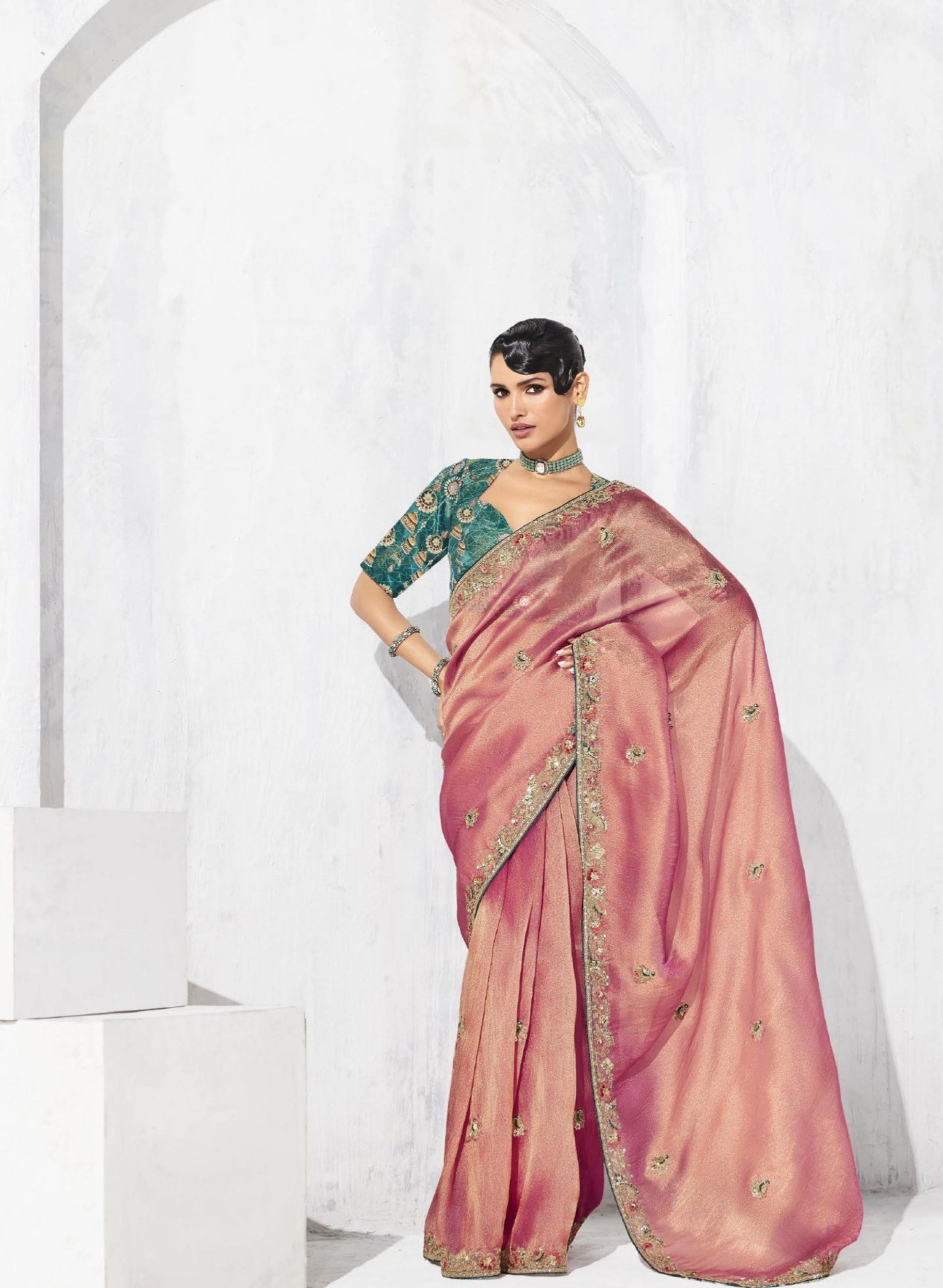 Designer Pink Saree Border Green Blouse Party Wear