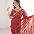 Wine Red Organza Silk Saree Golden Thread Embroidery Designer Blouse