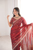 Wine Red Organza Silk Saree Golden Thread Embroidery Designer Blouse
