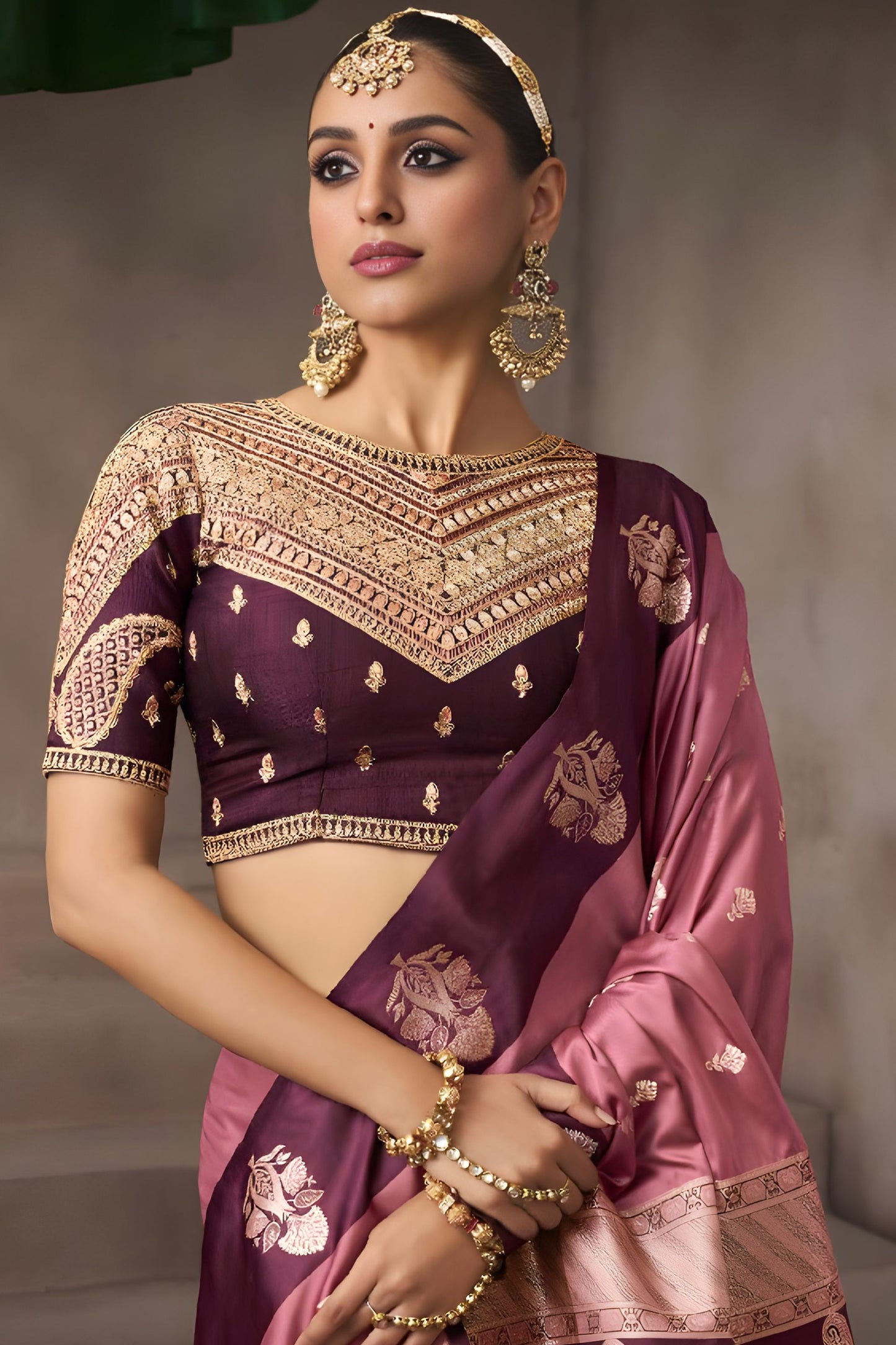 Dusty Pink Silk Saree with Wine Purple Contrast Border