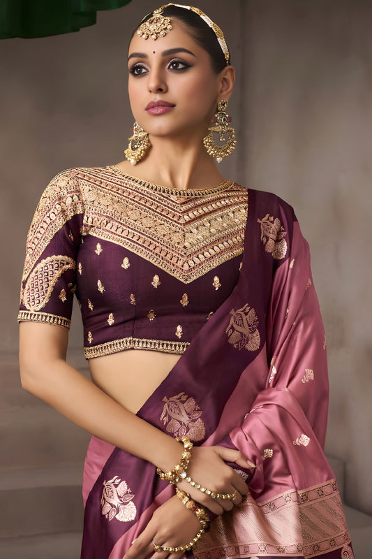 Dusty Pink Silk Saree with Wine Purple Contrast Border