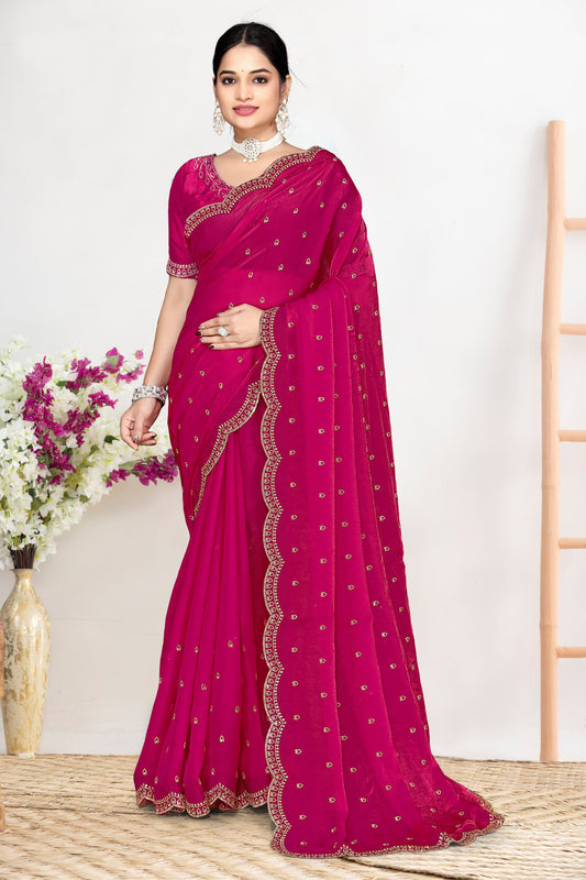 Elegant Hot Pink Silk Saree with Zari Embroidered Border Buti Work
