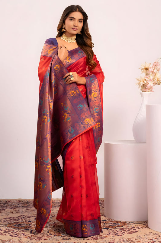 Red Paithani Silk Saree with Purple Zari Border and Traditional