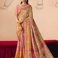 Premium Pink Gold Silk Saree Floral Zari Border Heritage Print Pallu