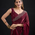 Wine Red Silk Saree with Embroidered Border Designer Saree