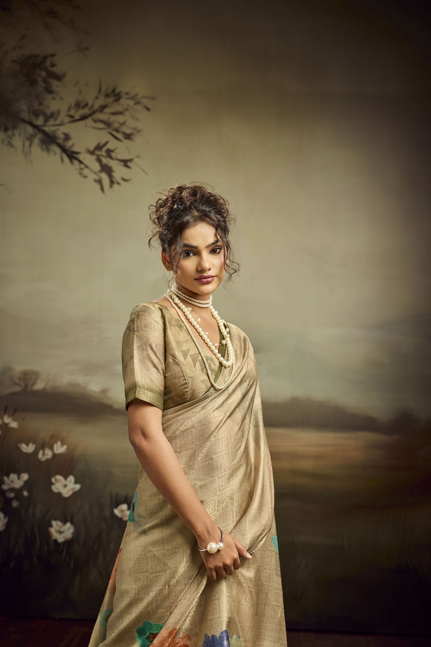 Beige Linen Silk Saree Floral Digital Print Designer Tassel Pallu