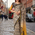 Beige Cotton Saree with Black Botanical Print Mustard Yellow Pallu 