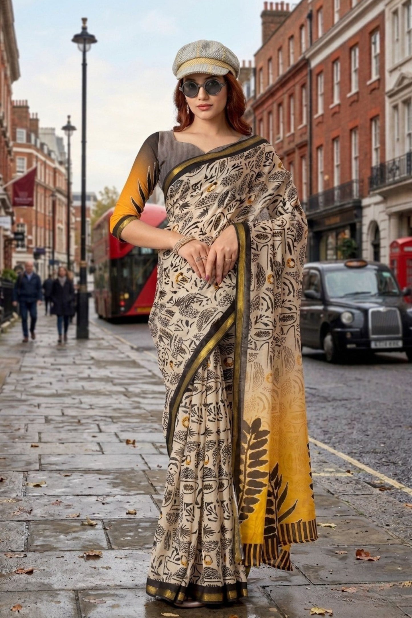 Beige Cotton Saree with Black Botanical Print Mustard Yellow Pallu 