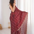 Maroon Organza Silk Saree Golden Zari Embroidery Designer Blouse