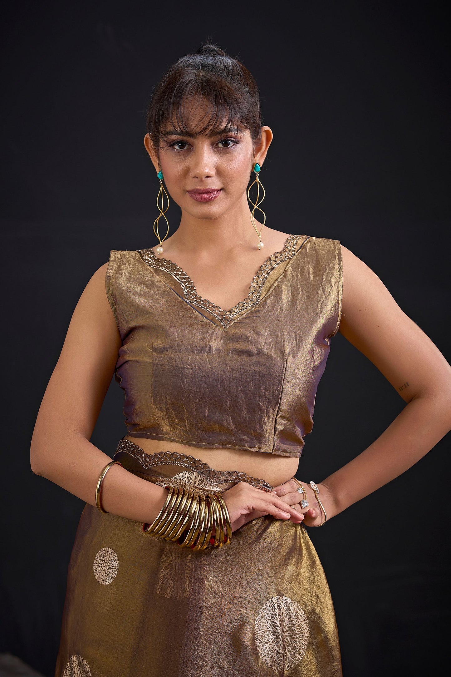 Coffee Brown Tissue Silk Saree with Gold Zari Polka Butti Work