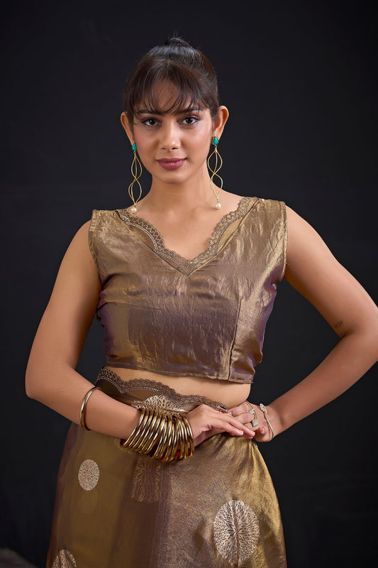 Coffee Brown Tissue Silk Saree with Gold Zari Polka Butti Work