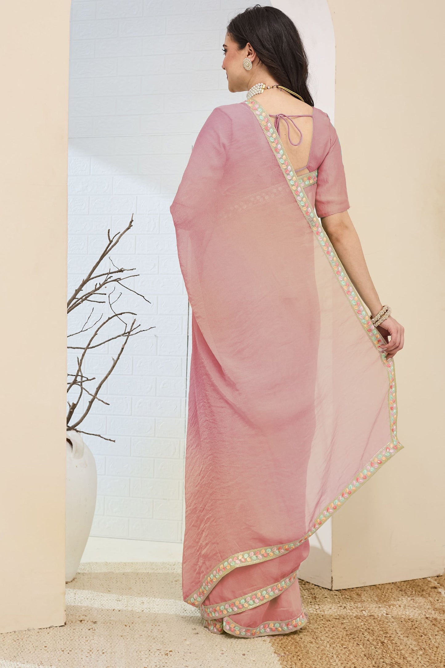 Dusty Pink Saree Multicolor Embroidered Border Ready To Wear