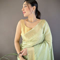 Mint Green Linen Silk Saree with Golden Zari Border Tassel Pallu