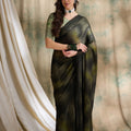 Olive Green Black Striped Georgette Saree with Printed Blouse