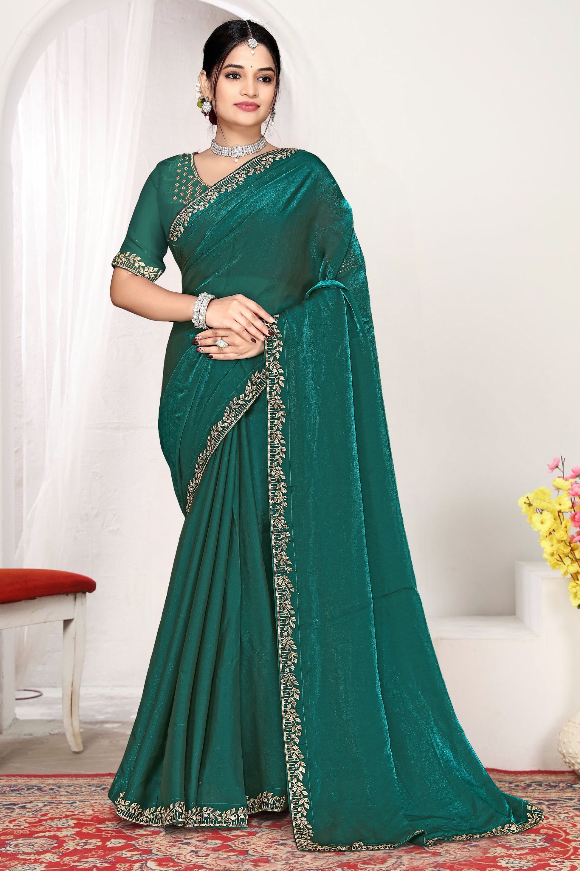 Bottle Green Silk Saree with Rich Golden Zari Border Designer Saree